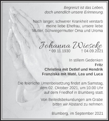 Traueranzeige von Johanna Wieseke von Märkische Oderzeitung