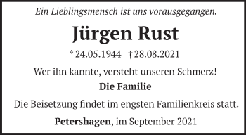 Traueranzeige von Jürgen Rust von Märkische Oderzeitung