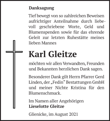 Traueranzeige von Karl Gleitze von Märkische Oderzeitung