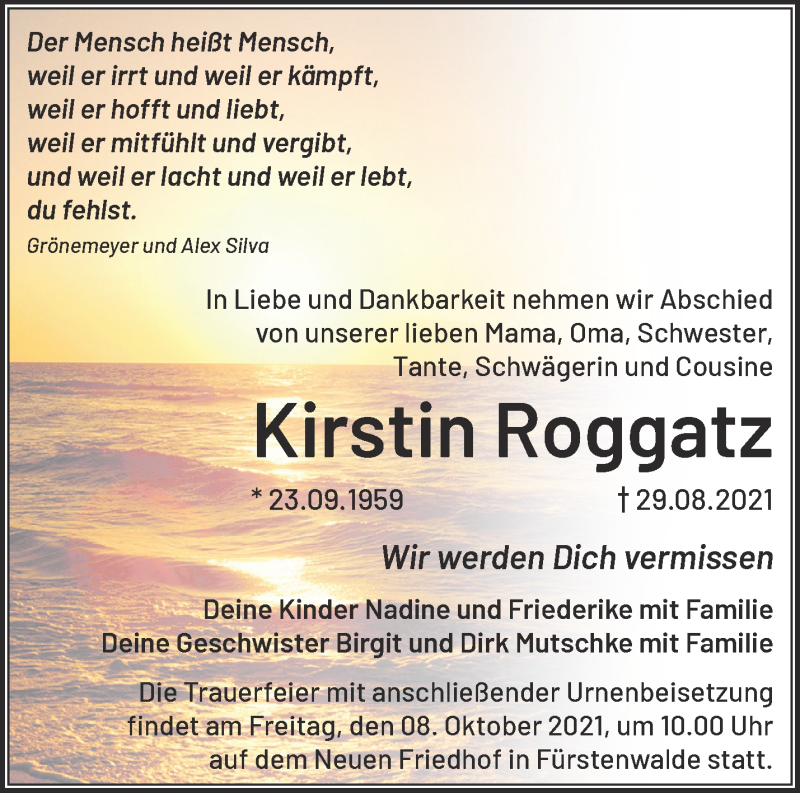  Traueranzeige für Kirstin Roggatz vom 25.09.2021 aus Märkische Oderzeitung
