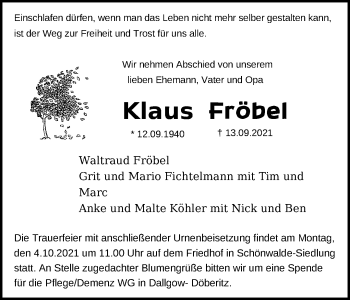 Traueranzeige von Klaus Fröbel von Märkische Oderzeitung