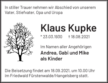 Traueranzeige von Klaus Kupke von Märkische Oderzeitung