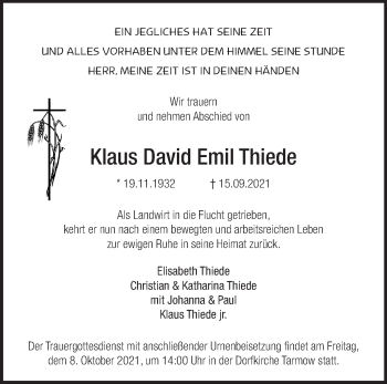 Traueranzeige von Klaus David Emil Thiede von Märkische Oderzeitung