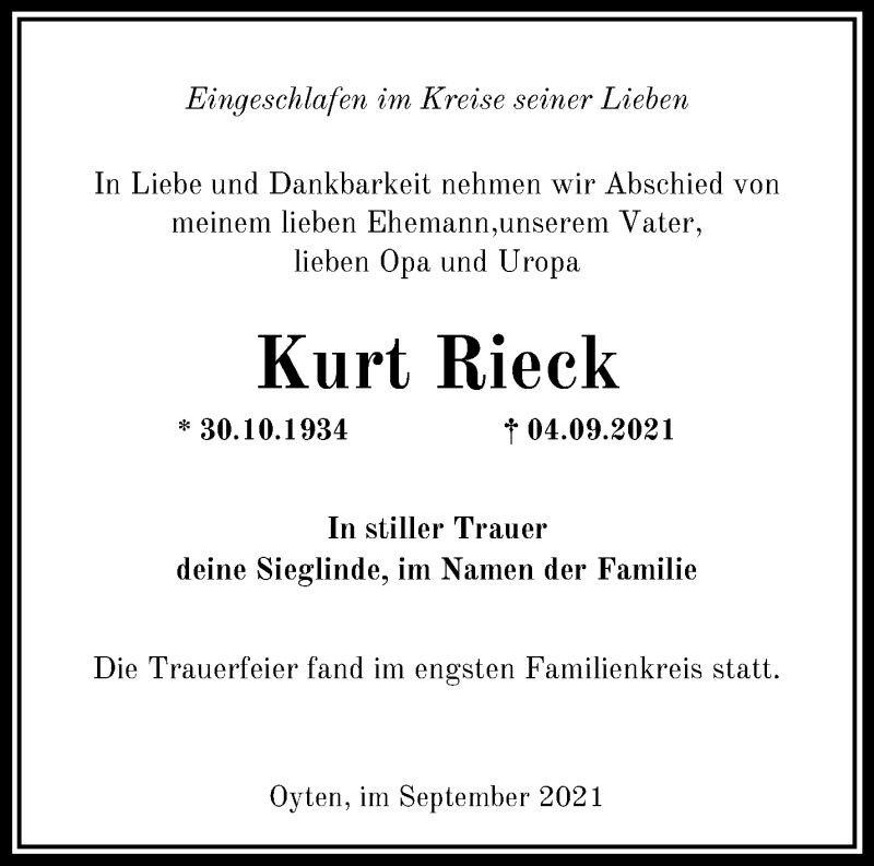  Traueranzeige für Kurt Rieck vom 25.09.2021 aus Märkische Oderzeitung