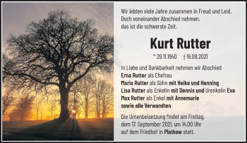 Traueranzeige von Kurt Rutter von Märkische Oderzeitung