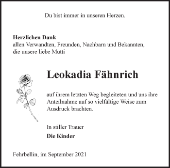 Traueranzeige von Leokadia Fähnrich von Märkische Oderzeitung