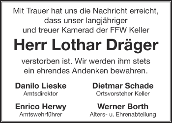 Traueranzeige von Lothar Dräger von Märkische Oderzeitung