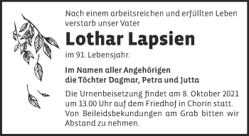 Traueranzeige von Lothar Lapsien von Märkische Oderzeitung