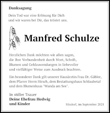 Traueranzeige von Manfred Schulze von Märkische Oderzeitung