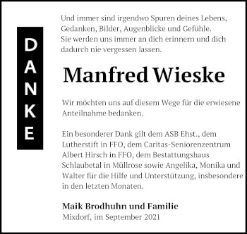 Traueranzeige von Manfred Wieske von Märkische Oderzeitung