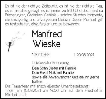 Traueranzeige von Manfred Wieske von Märkische Oderzeitung