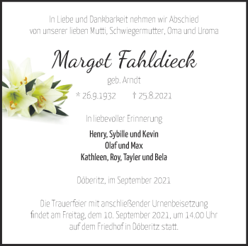 Traueranzeige von Margot Fahldieck von Märkische Oderzeitung