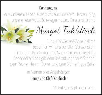 Traueranzeige von Margot Fahldieck von Märkische Oderzeitung