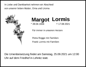 Traueranzeige von Margot Lormis von Märkische Oderzeitung