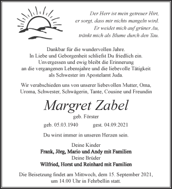 Traueranzeige von Margret Zabel von Märkische Oderzeitung