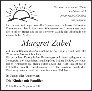 Traueranzeige von Margret Zabel von Märkische Oderzeitung