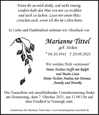 Traueranzeige von Marianne Tittel von Märkische Oderzeitung