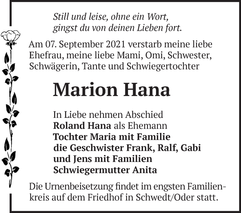  Traueranzeige für Marion Hana vom 11.09.2021 aus Märkische Oderzeitung