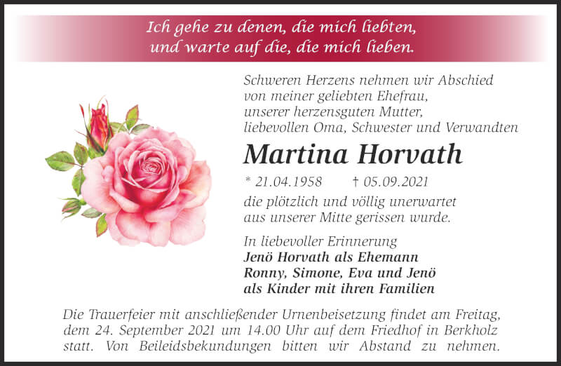  Traueranzeige für Martina Horvath vom 19.09.2021 aus Märkische Oderzeitung
