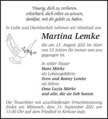 Traueranzeige von Martina Lemke von Märkische Oderzeitung