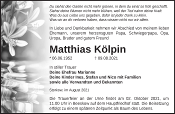 Traueranzeige von Matthias Kölpin von Märkische Oderzeitung