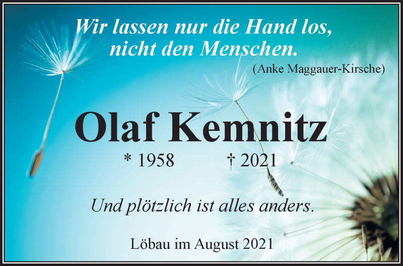  Traueranzeige für Olaf Kemnitz vom 05.09.2021 aus Märkische Oderzeitung