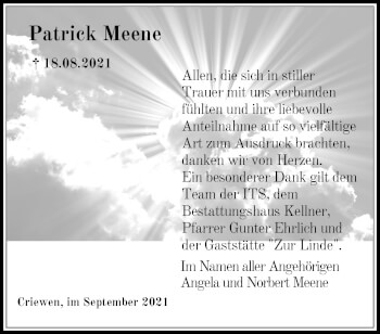 Traueranzeige von Patrick Meene von Märkische Oderzeitung