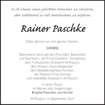 Traueranzeige von Rainer Paschke von Märkische Oderzeitung