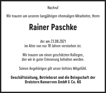 Traueranzeige von Rainer Paschke von Märkische Oderzeitung