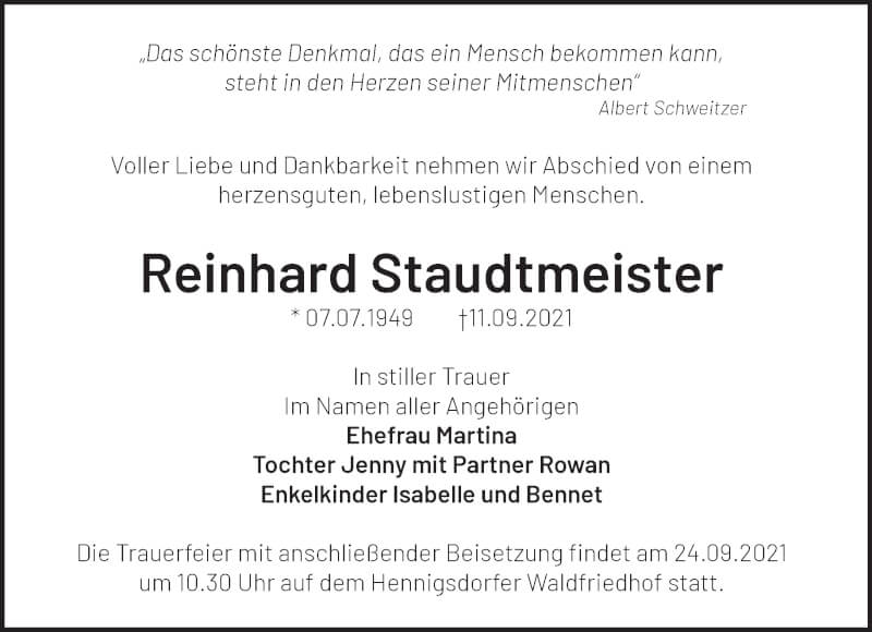  Traueranzeige für Reinhard Staudtmeister vom 18.09.2021 aus Märkische Oderzeitung