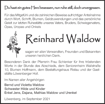 Traueranzeige von Reinhard Waldow von Märkische Oderzeitung