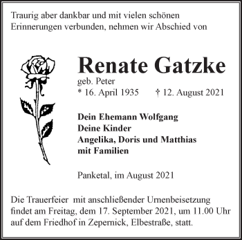 Traueranzeige von Renate Gatzke von Märkische Oderzeitung