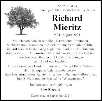 Traueranzeige von Richard Mieritz von Märkische Oderzeitung