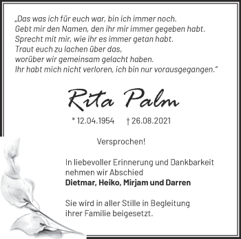 Traueranzeige von Rita Palm von Märkische Oderzeitung