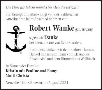 Traueranzeige von Robert Wanke von Märkische Oderzeitung