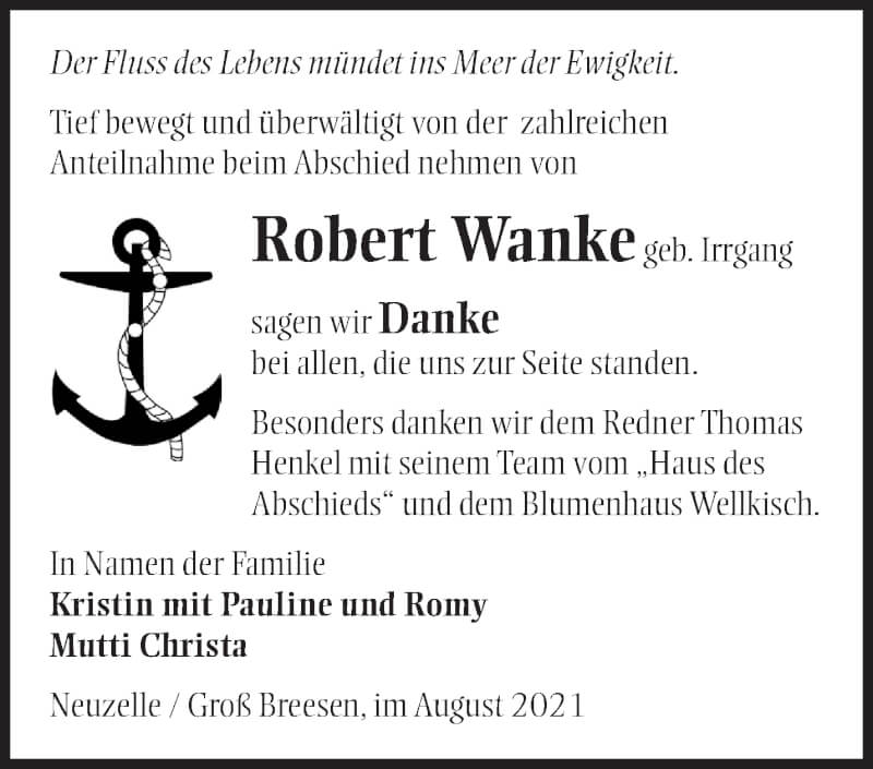  Traueranzeige für Robert Wanke vom 18.09.2021 aus Märkische Oderzeitung