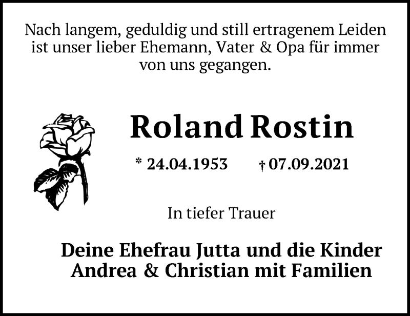  Traueranzeige für Roland Rostin vom 11.09.2021 aus Märkische Oderzeitung