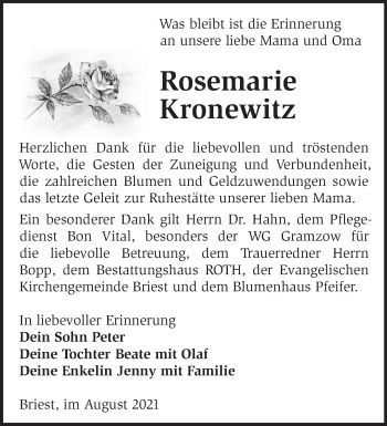 Traueranzeige von Rosemarie Kronewitz von Märkische Oderzeitung