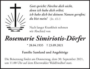 Traueranzeige von Rosemarie Simiriotis-Dörfer von Märkische Oderzeitung