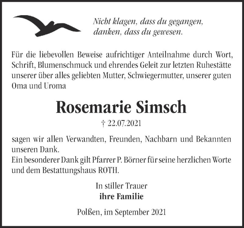  Traueranzeige für Rosemarie Simsch vom 18.09.2021 aus Märkische Oderzeitung