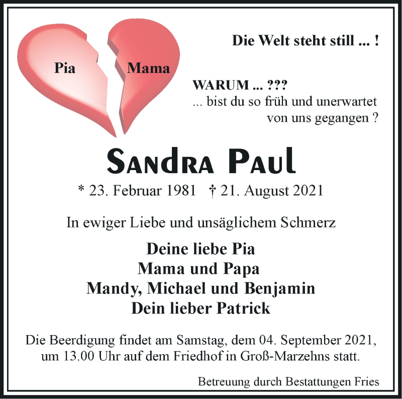  Traueranzeige für Sandra Paul vom 01.09.2021 aus Märkische Oderzeitung