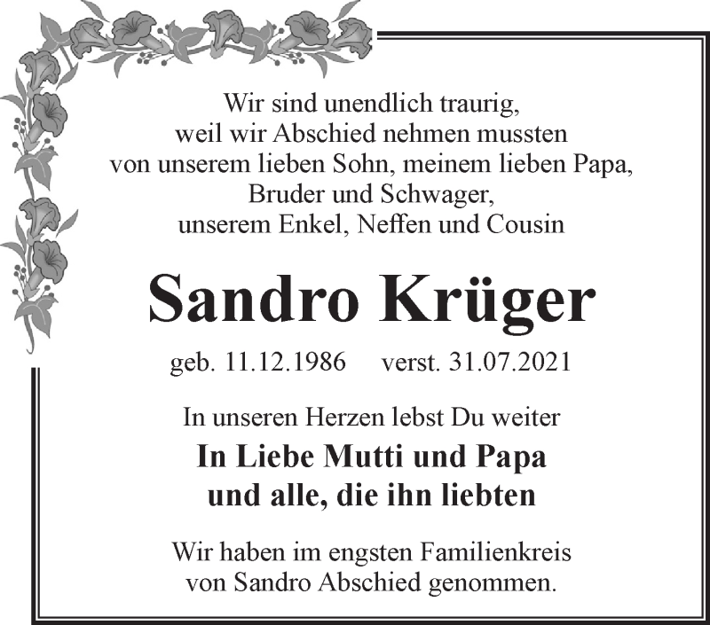  Traueranzeige für Sandro Krüger vom 05.09.2021 aus Märkische Oderzeitung