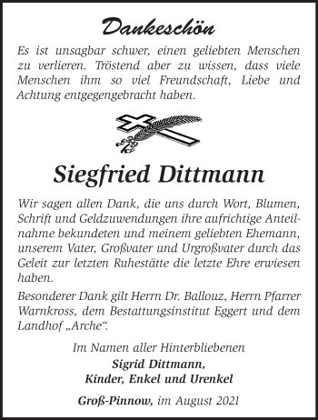 Traueranzeige von Siegfried Dittmann von Märkische Oderzeitung