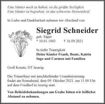 Traueranzeige von Siegrid Schneider von Märkische Oderzeitung