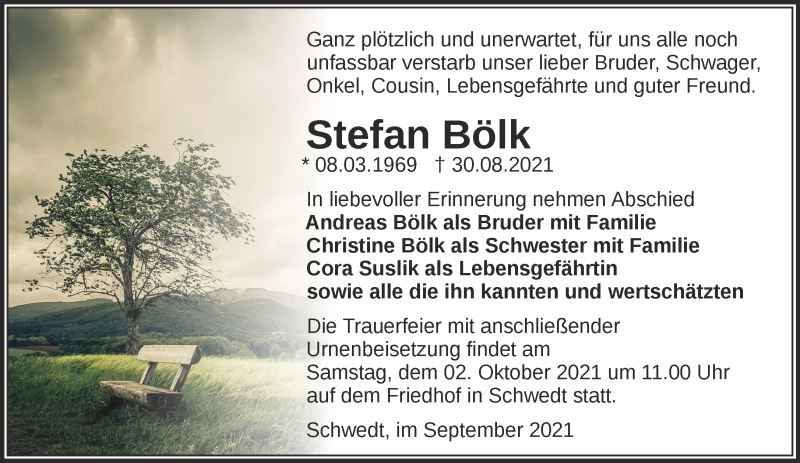  Traueranzeige für Stefan Bölk vom 11.09.2021 aus Märkische Oderzeitung