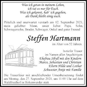 Traueranzeige von Steffen Hartmann von Märkische Oderzeitung