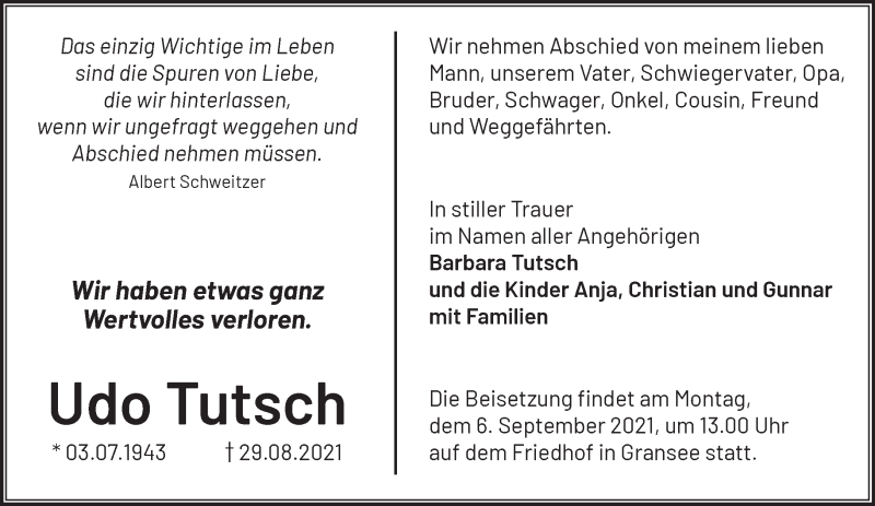  Traueranzeige für Udo Tutsch vom 01.09.2021 aus Märkische Oderzeitung