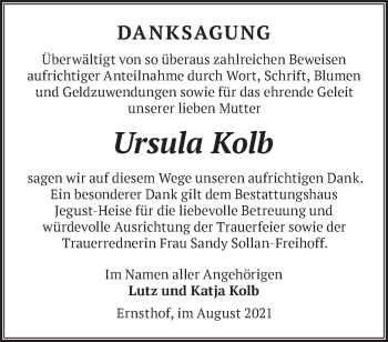 Traueranzeige von Ursula Kolb von Märkische Oderzeitung