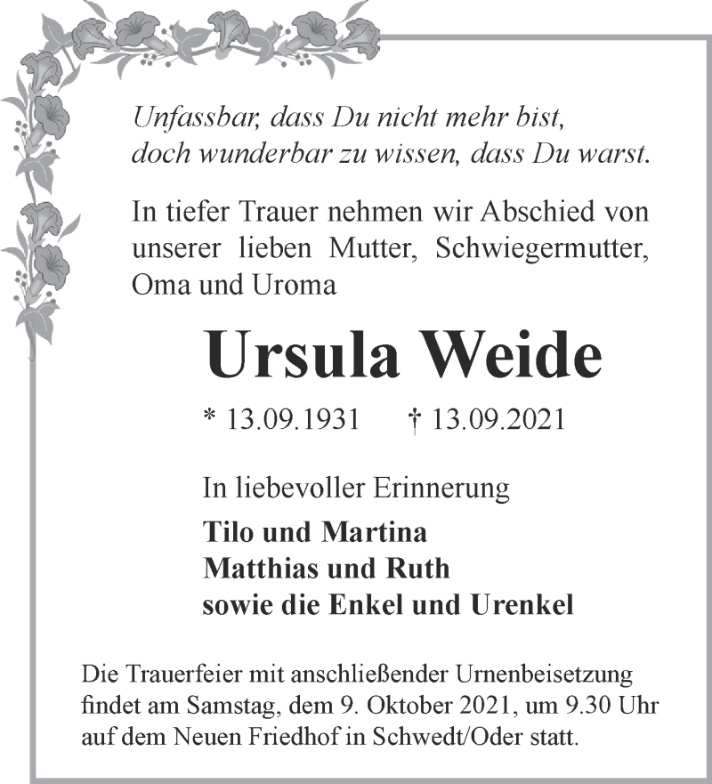  Traueranzeige für Ursula Weide vom 25.09.2021 aus Märkische Oderzeitung