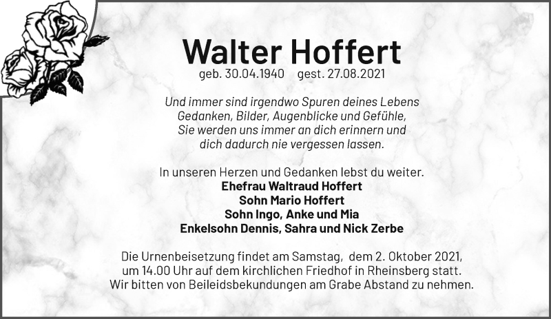  Traueranzeige für Walter Hoffert vom 25.09.2021 aus Märkische Oderzeitung